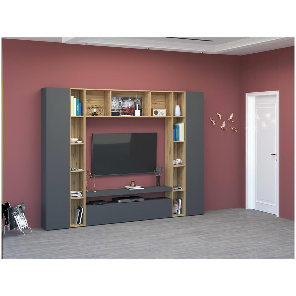 Parete Attrezzata Gilberto, Set Salotto Porta Tv A 3 Ante, Mobile Soggiorno Multiuso, 100% Made In Italy, Cm 270x35h210, Antracite E Rovere - Foto 1