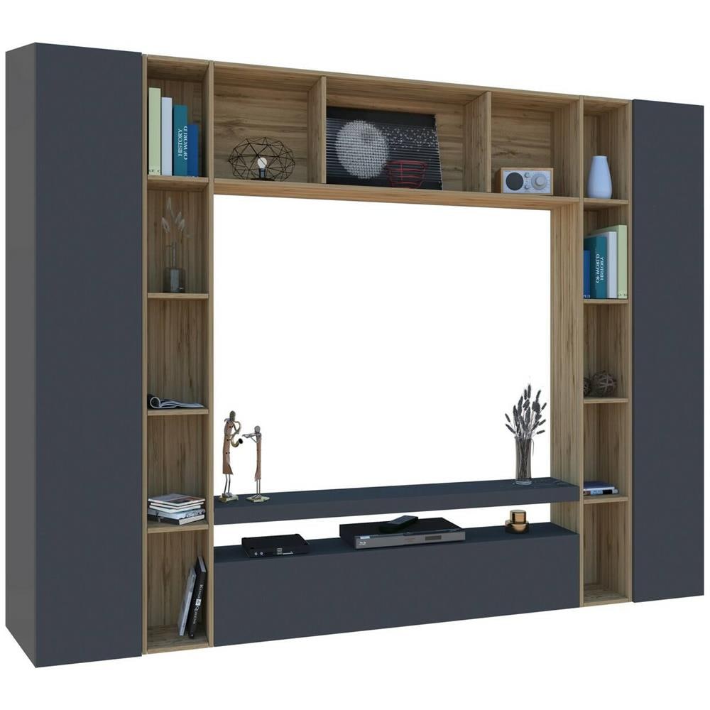 Parete Attrezzata Gilberto, Set Salotto Porta Tv A 3 Ante, Mobile Soggiorno Multiuso, 100% Made In Italy, Cm 270x35h210, Antracite E Rovere - Foto 2