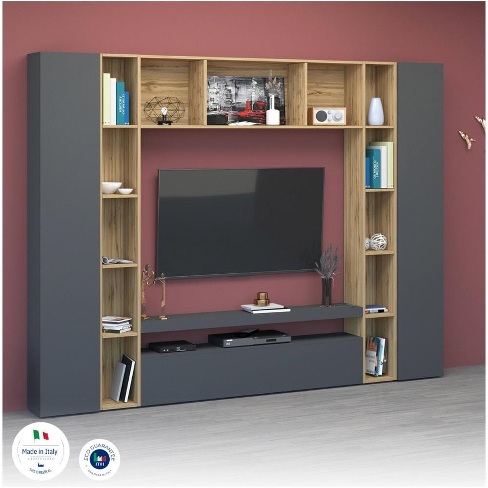 Parete Attrezzata Gilberto, Set Salotto Porta Tv A 3 Ante, Mobile Soggiorno Multiuso, 100% Made In Italy, Cm 270x35h210, Antracite E Rovere - Foto 4