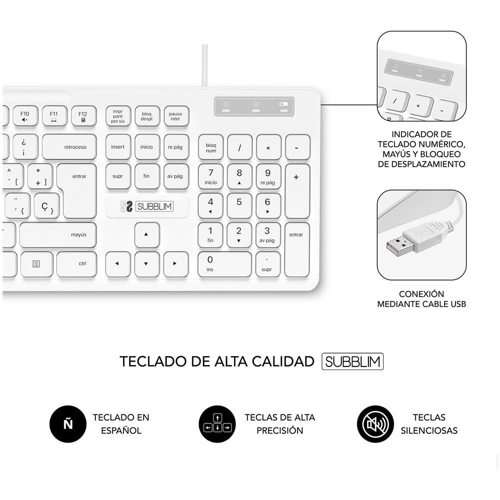 Tastiera Universale USB SUBKBC-0SSK51 QWERTY Spagnolo Colore Nero Bianco - Foto 4