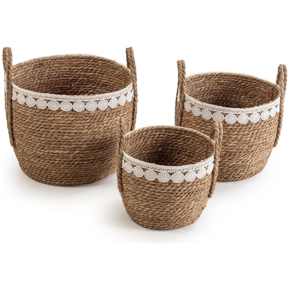 Set Di 3 Cestini Yasmina In Fibra Naturale Con Manici, Bianco /naturale - Foto 1