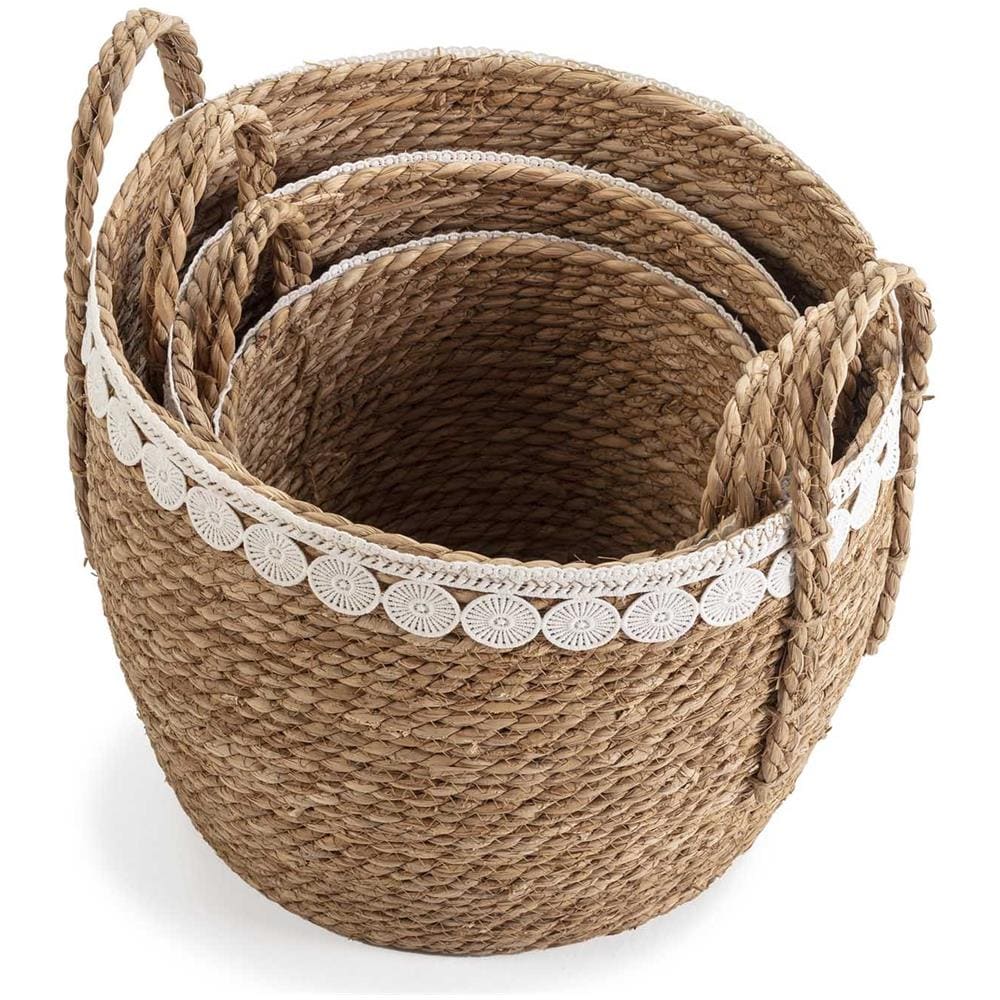 Set Di 3 Cestini Yasmina In Fibra Naturale Con Manici, Bianco /naturale - Foto 2