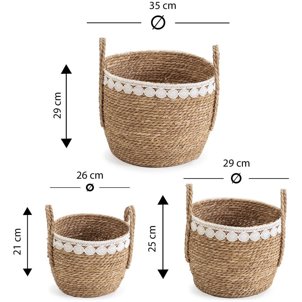 Set Di 3 Cestini Yasmina In Fibra Naturale Con Manici, Bianco /naturale - Foto 5