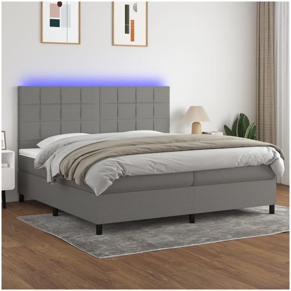 Letto A Molle Materasso E Led Grigio Scuro 200x200cm In Tessuto - Foto 1