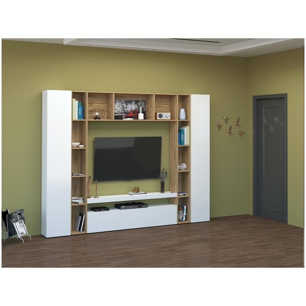 Parete Attrezzata Gilberto, Set Salotto Porta Tv A 3 Ante, Mobile Soggiorno Multiuso, 100% Made In Italy, Cm 270x35h210, Bianco Lucido E Rovere - Foto 1