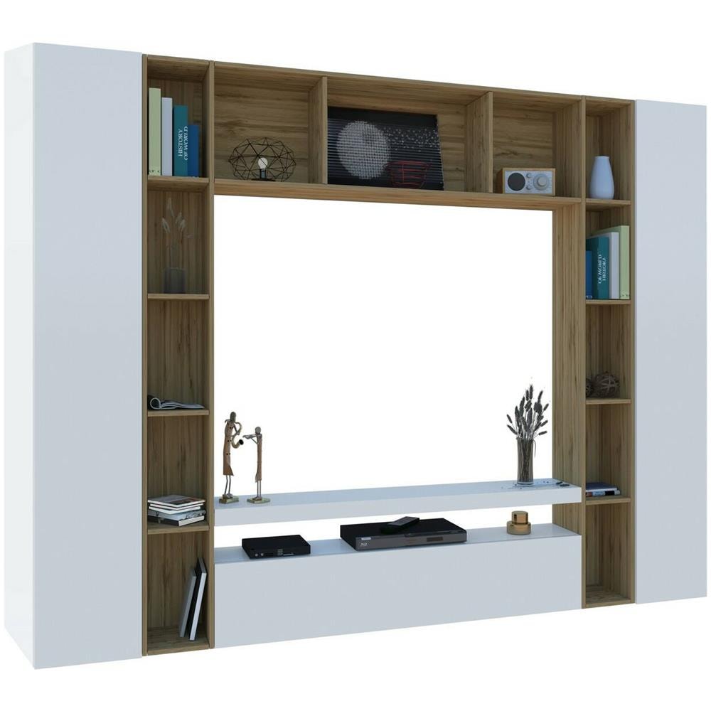 Parete Attrezzata Gilberto, Set Salotto Porta Tv A 3 Ante, Mobile Soggiorno Multiuso, 100% Made In Italy, Cm 270x35h210, Bianco Lucido E Rovere - Foto 2