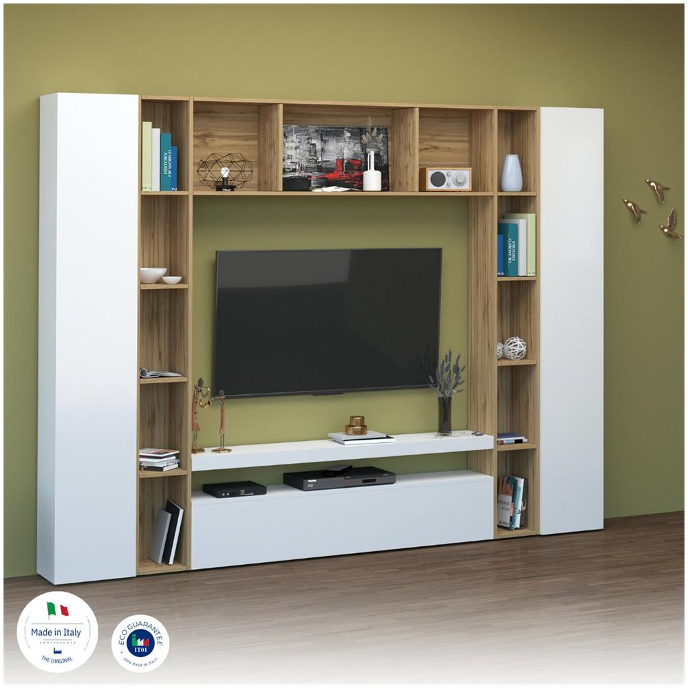 Parete Attrezzata Gilberto, Set Salotto Porta Tv A 3 Ante, Mobile Soggiorno Multiuso, 100% Made In Italy, Cm 270x35h210, Bianco Lucido E Rovere - Foto 4