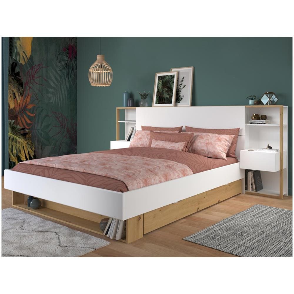 Testata Letto Con Comodini 160 Cm Bianco E Rovere - Mista - Foto 1