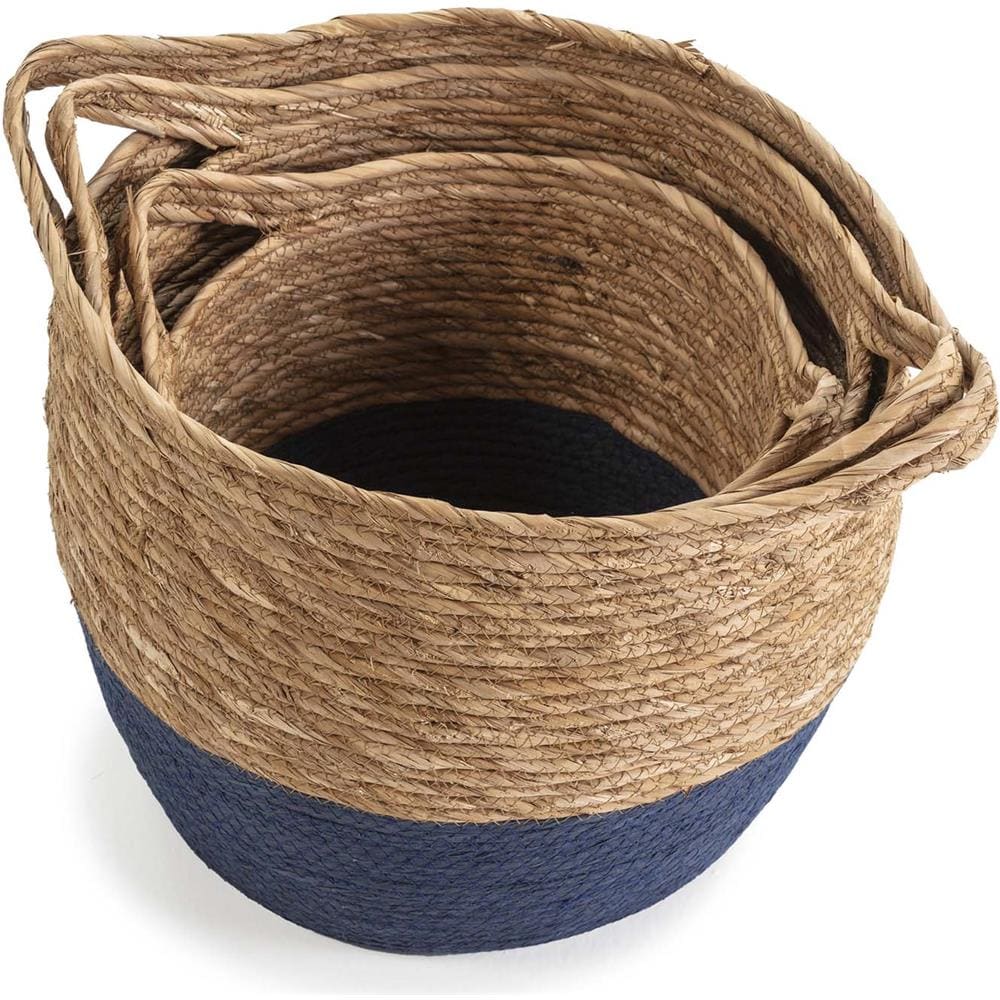 Set Di 3 Cestini Anxo In Fibra Naturale Con Manici, Blu /naturale - Foto 2