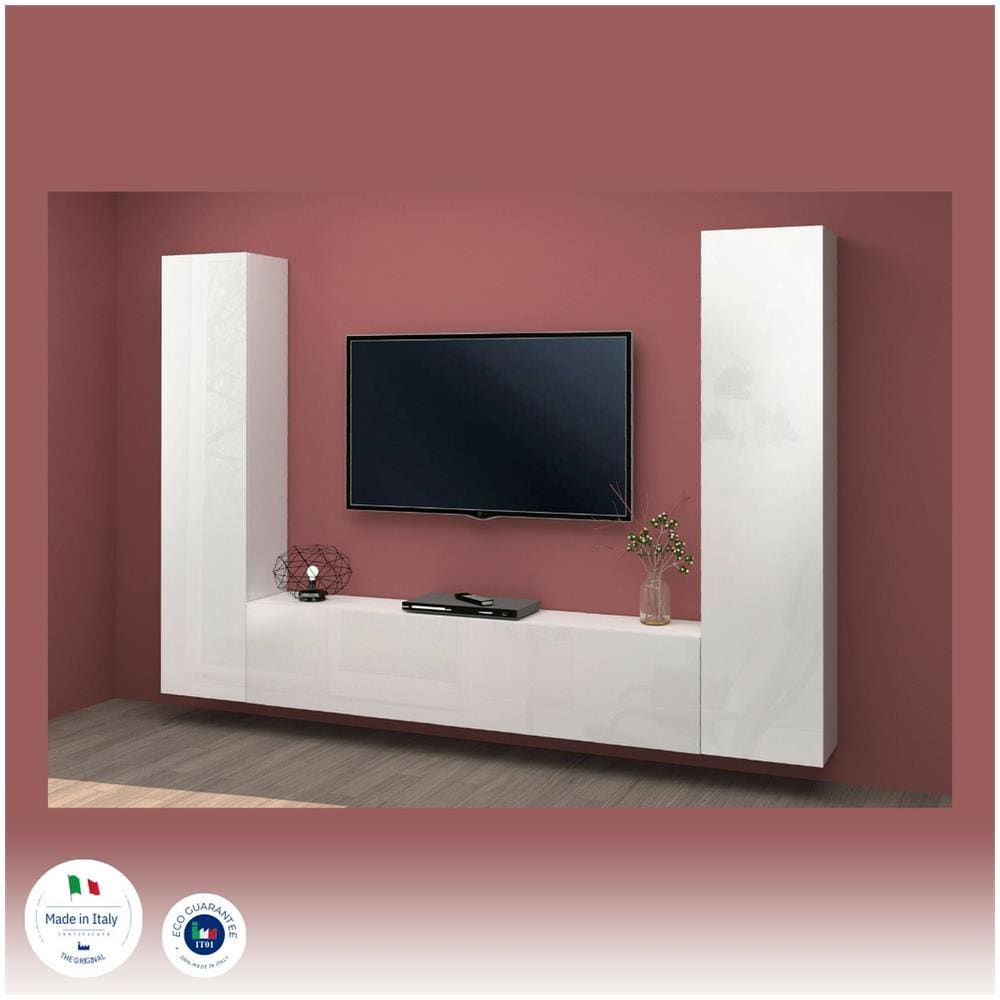 Parete Attrezzata Giordano, Set Salotto Porta Tv A 3 Ante, Mobile Soggiorno Multiuso, 100% Made In Italy, Cm 260x30h180, Bianco Lucido - Foto 4