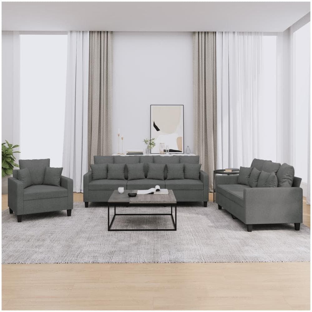Set Di Divani 3 Pz Con Cuscini Grigio Scuro In Tessuto - Foto 1