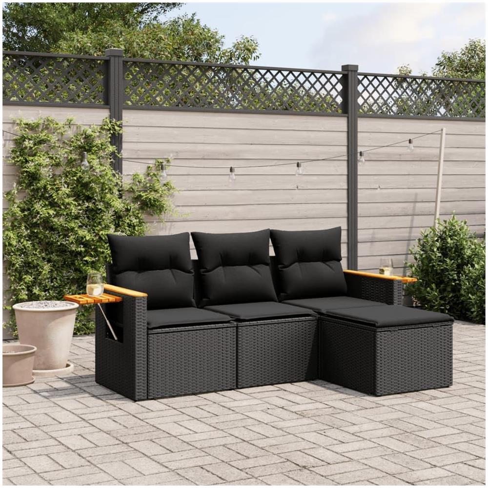 Set Divani da Giardino 4 pz con Cuscini Nero in Polyrattan - Foto 2