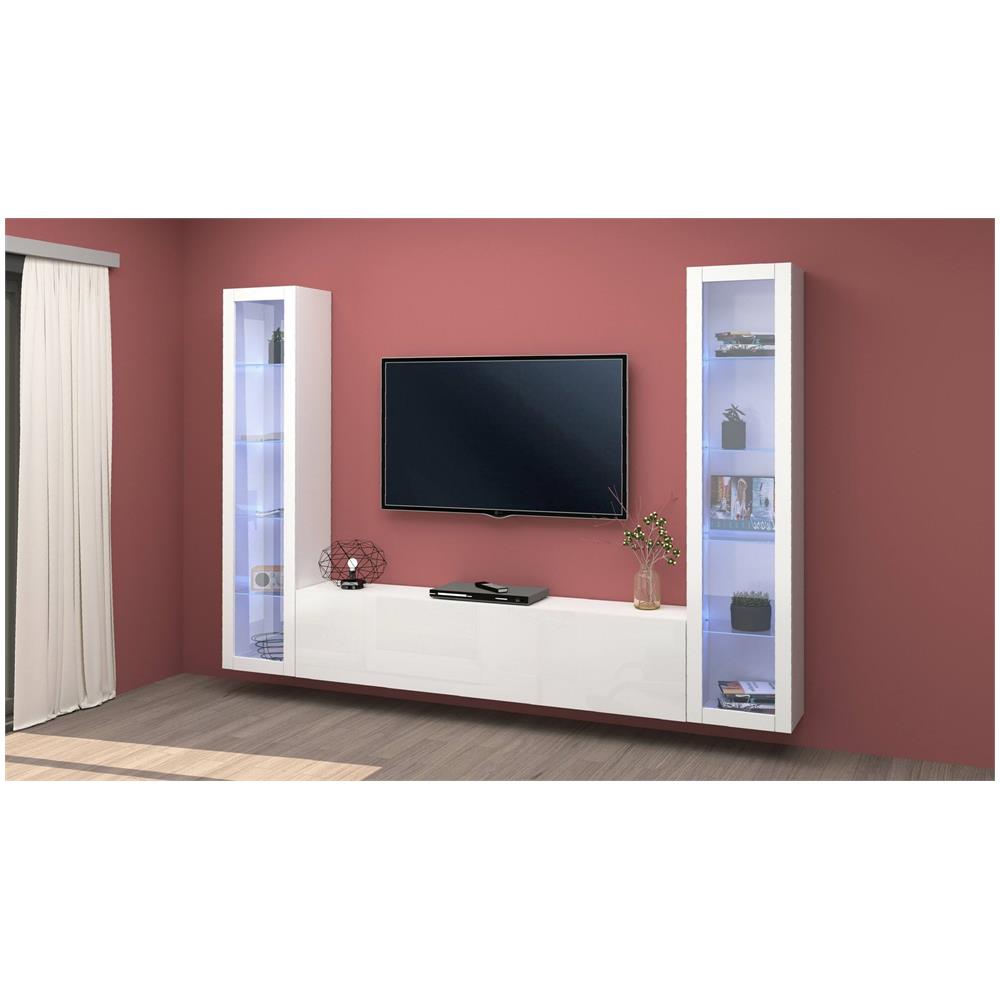 Parete Attrezzata Gino, Set Salotto Porta Tv A 3 Ante, Mobile Soggiorno Multiuso Con Vetrina E Luce Led, 100% Made In Italy, Cm 260x30h180, Bianco Lucido - Foto 1