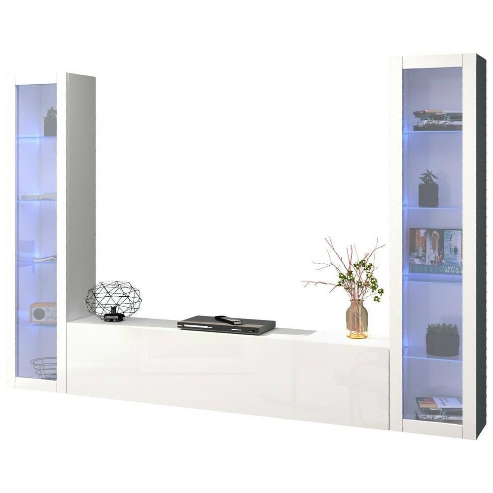 Parete Attrezzata Gino, Set Salotto Porta Tv A 3 Ante, Mobile Soggiorno Multiuso Con Vetrina E Luce Led, 100% Made In Italy, Cm 260x30h180, Bianco Lucido - Foto 2
