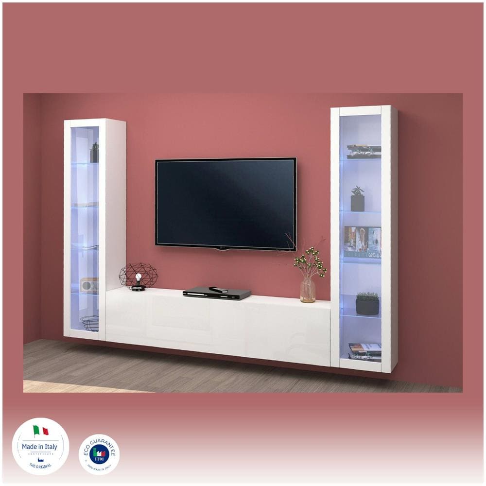 Parete Attrezzata Gino, Set Salotto Porta Tv A 3 Ante, Mobile Soggiorno Multiuso Con Vetrina E Luce Led, 100% Made In Italy, Cm 260x30h180, Bianco Lucido - Foto 4