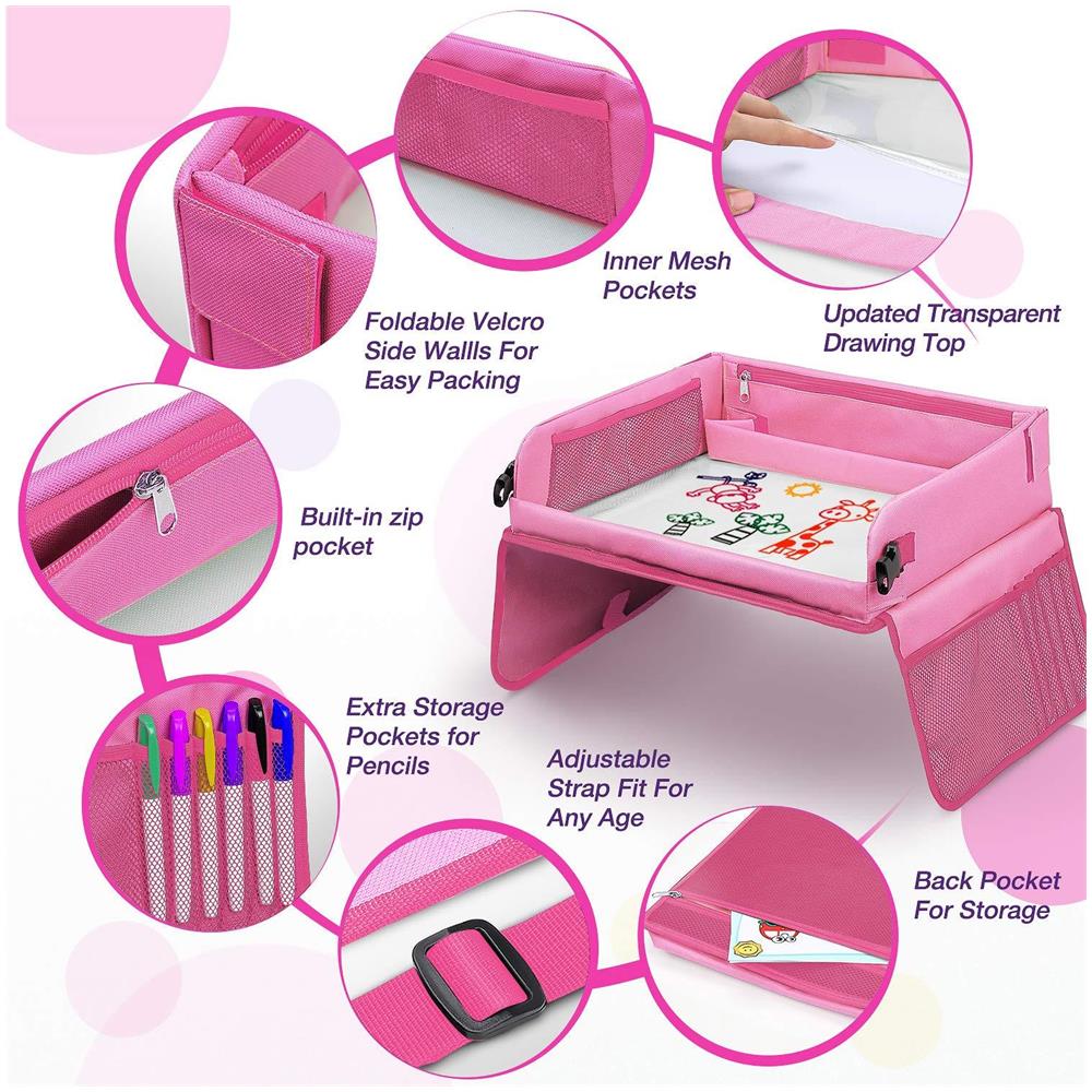 Rosa Auto Gioca Vassoio Per I Bambini Snack Play Vassoio Viaggio Dry Erase Top 16 Tasche In Rete Della Sede Del Sacchetto Dellorganizzatore Di Auto Vassoi Di Attivit Per Auto Stroller Aereo - Foto 4