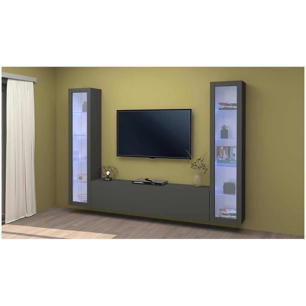 Parete Attrezzata Gino, Set Salotto Porta Tv A 3 Ante, Mobile Soggiorno Multiuso Con Vetrina E Luce Led, 100% Made In Italy, Cm 260x30h180, Antracite - Foto 1