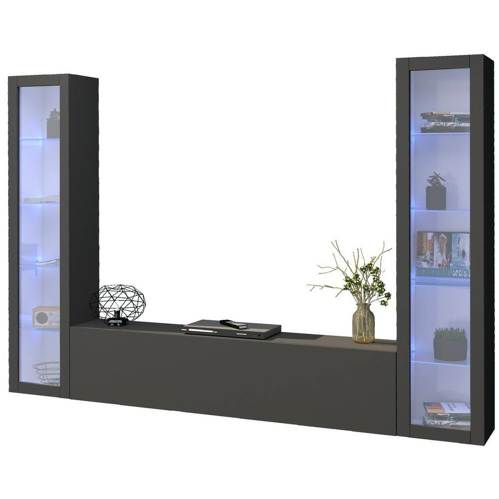 Parete Attrezzata Gino, Set Salotto Porta Tv A 3 Ante, Mobile Soggiorno Multiuso Con Vetrina E Luce Led, 100% Made In Italy, Cm 260x30h180, Antracite - Foto 2