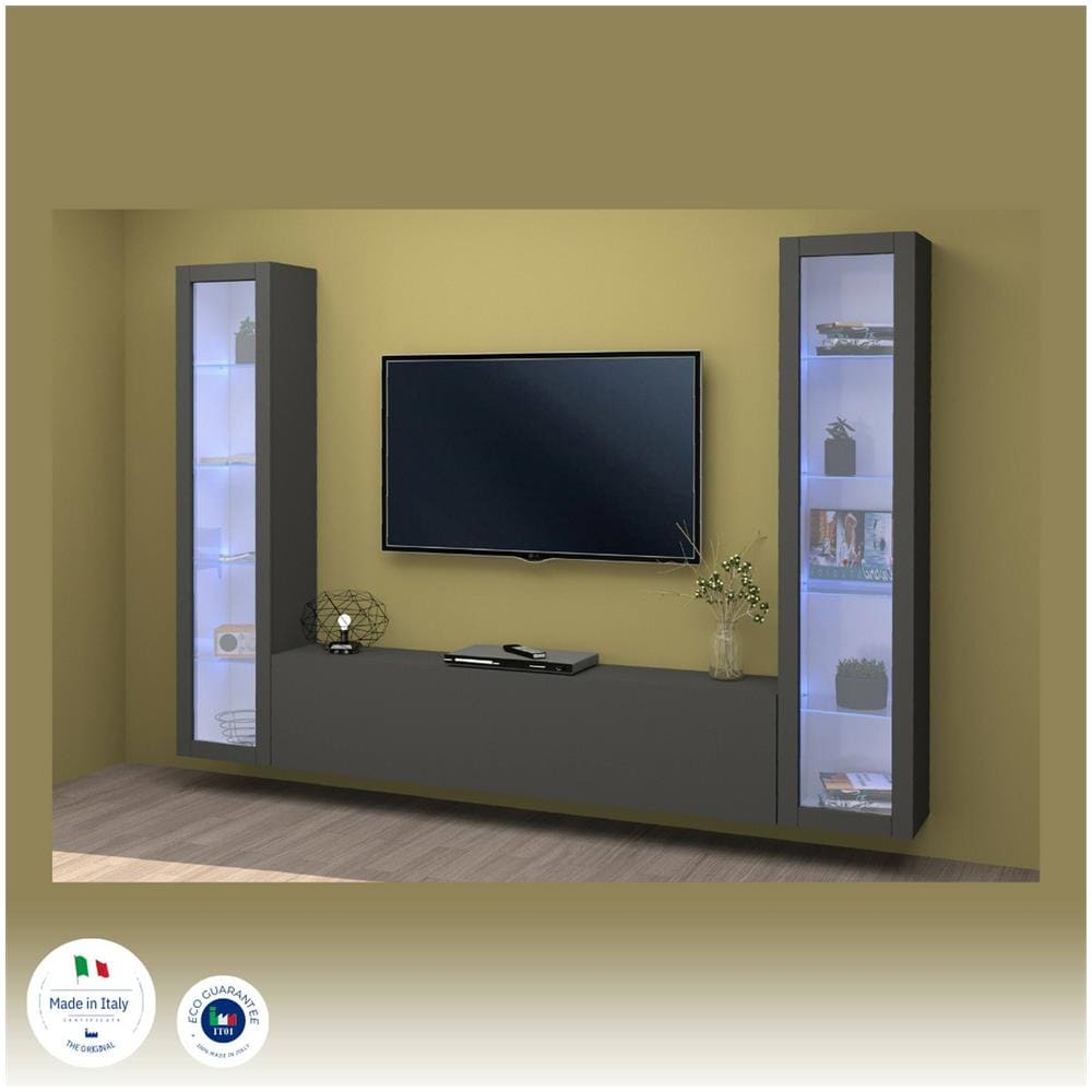 Parete Attrezzata Gino, Set Salotto Porta Tv A 3 Ante, Mobile Soggiorno Multiuso Con Vetrina E Luce Led, 100% Made In Italy, Cm 260x30h180, Antracite - Foto 4