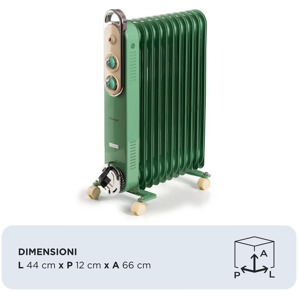 Linea Vintage 8252 Radiatore a olio Vintage, 11 elementi riscaldanti, 2500W, 3 livelli di potenza, Maniglia e ruote per facile trasporto, Verde - Foto 2