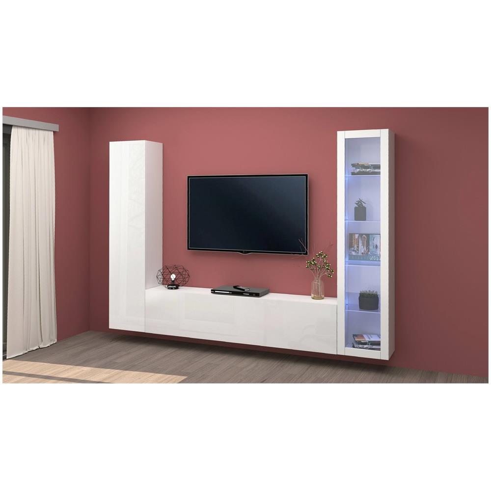 Parete Attrezzata Girolamo, Set Salotto Porta Tv A 3 Ante, Mobile Soggiorno Multiuso Con Vetrina E Luce Led, 100% Made In Italy, Cm 260x30h180, Bianco Lucido - Foto 1