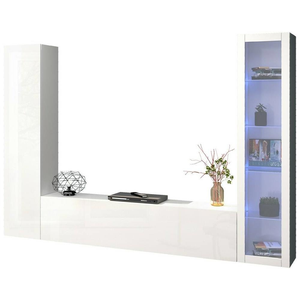 Parete Attrezzata Girolamo, Set Salotto Porta Tv A 3 Ante, Mobile Soggiorno Multiuso Con Vetrina E Luce Led, 100% Made In Italy, Cm 260x30h180, Bianco Lucido - Foto 2
