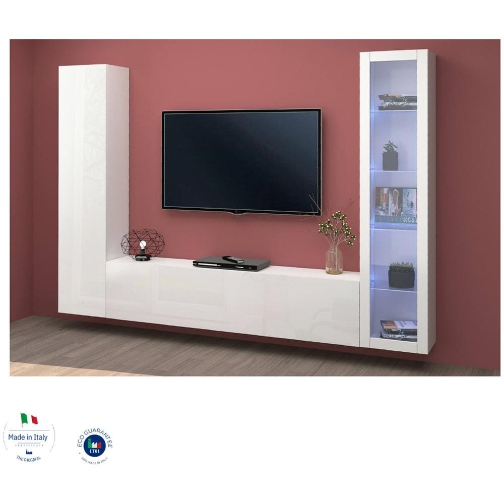 Parete Attrezzata Girolamo, Set Salotto Porta Tv A 3 Ante, Mobile Soggiorno Multiuso Con Vetrina E Luce Led, 100% Made In Italy, Cm 260x30h180, Bianco Lucido - Foto 4