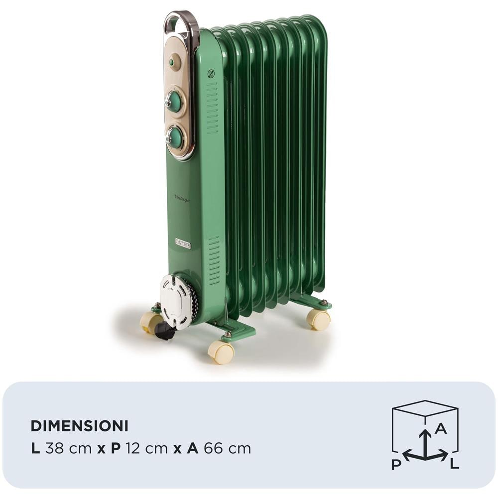 Linea Vintage 8251 Radiatore a olio Vintage, 9 elementi riscaldanti, 2000W, 3 livelli di potenza, Maniglia e ruote per facile trasporto, Verde - Foto 2