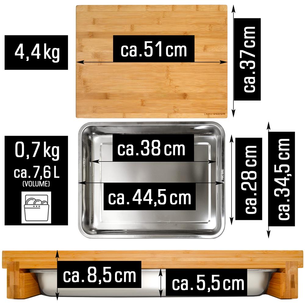 Tagliere Di Bambù Vassoio Raccoglitore In Acciaio Inox 51x37cm Legno Naturale - Foto 2