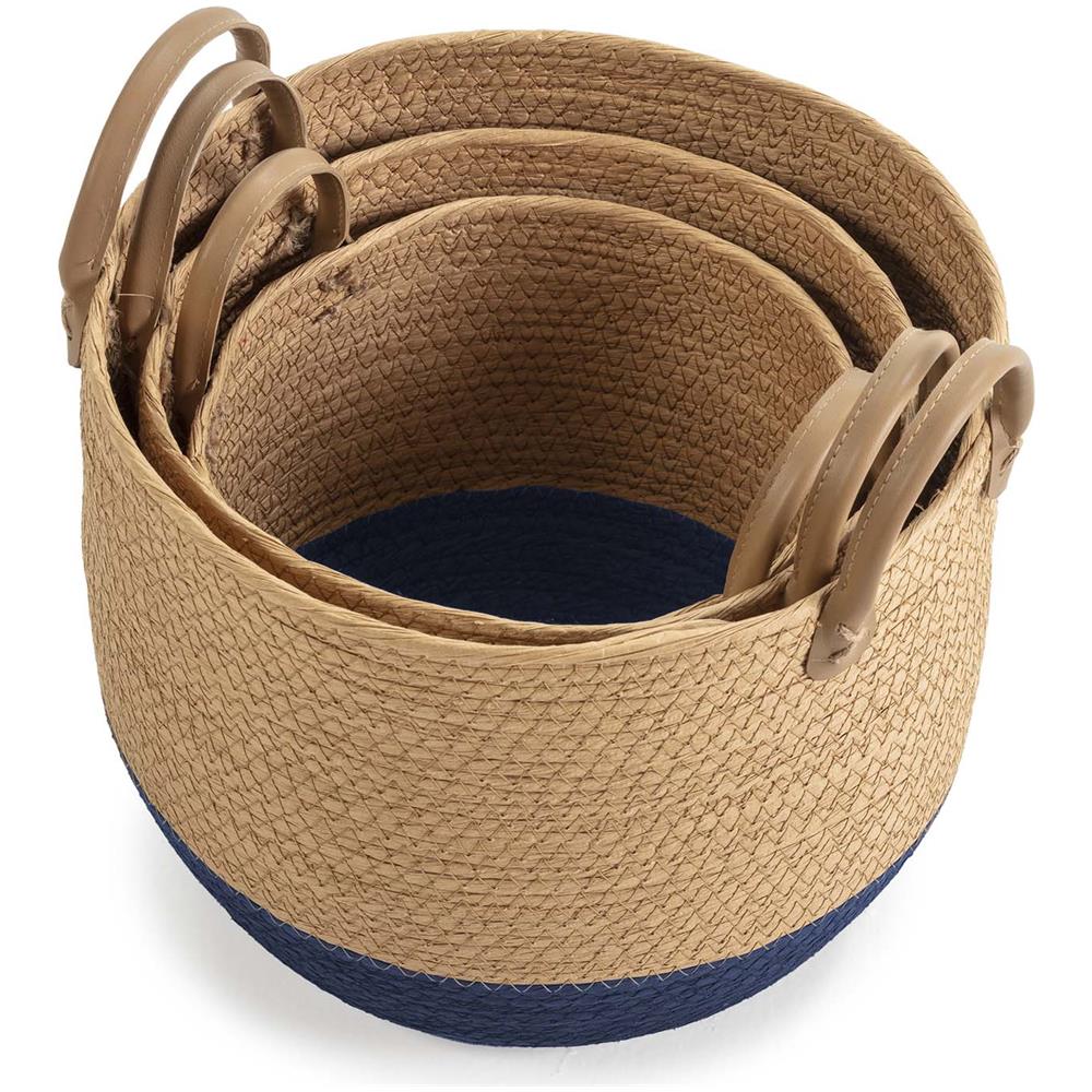 Set Di 3 Cestini Tecla In Fibra Naturale Con Manici, Blu /naturale - Foto 2