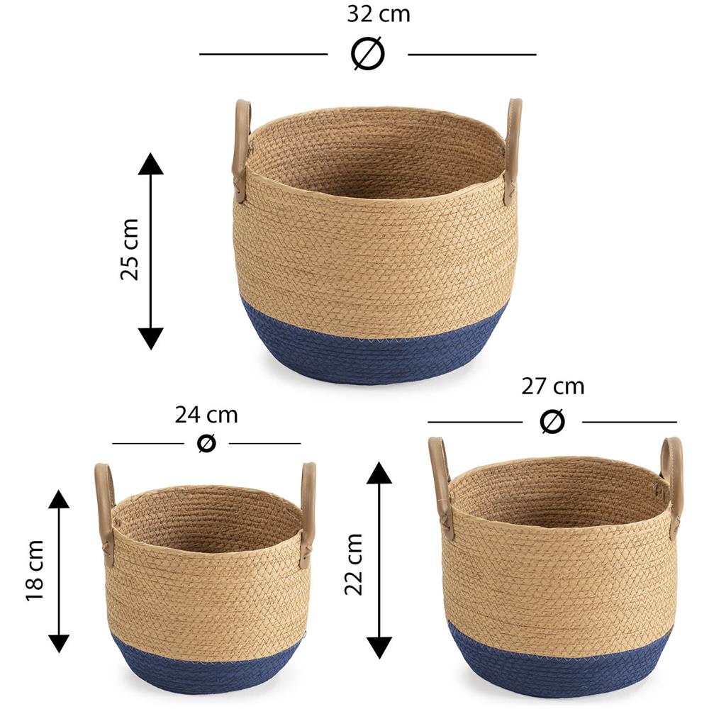 Set Di 3 Cestini Tecla In Fibra Naturale Con Manici, Blu /naturale - Foto 5