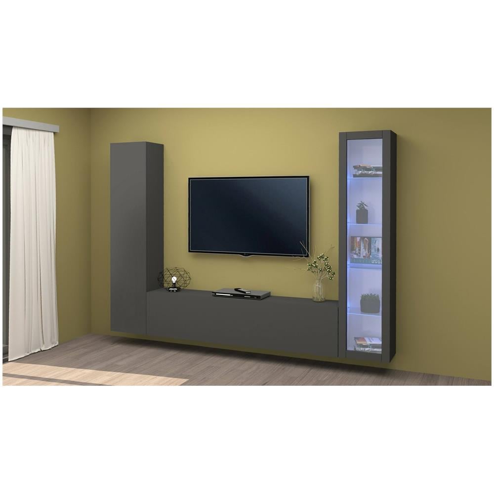 Parete Attrezzata Girolamo, Set Salotto Porta Tv A 3 Ante, Mobile Soggiorno Multiuso Con Vetrina E Luce Led, 100% Made In Italy, Cm 260x30h180, Antracite - Foto 1