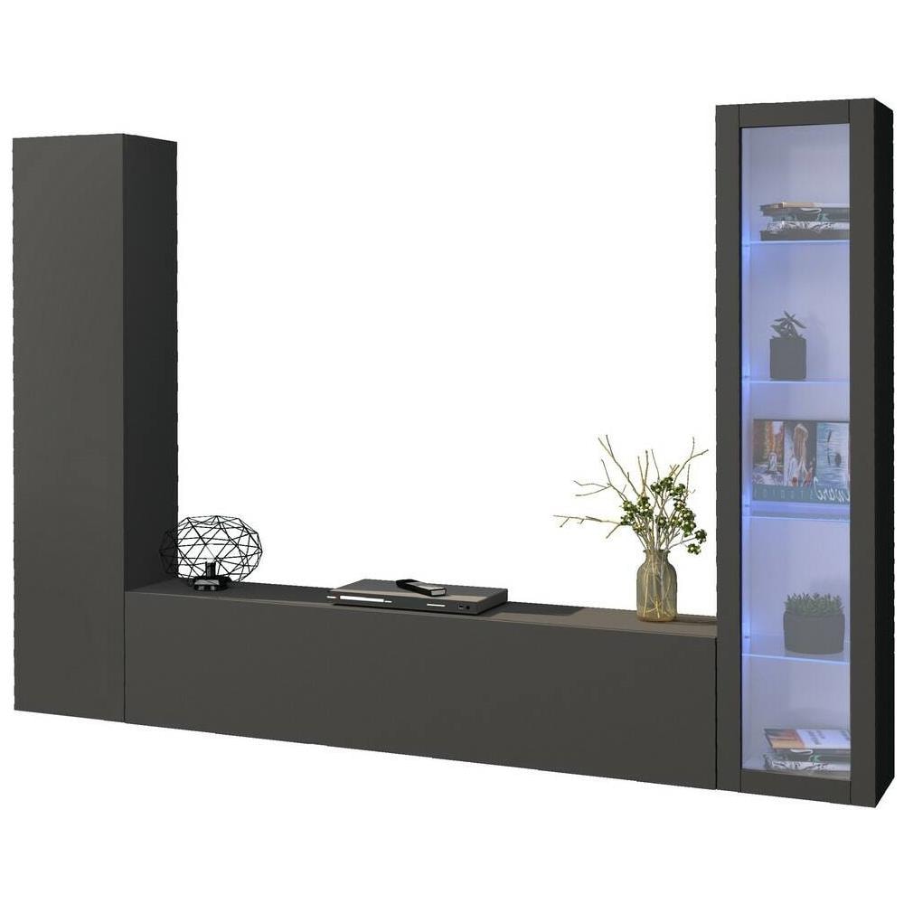 Parete Attrezzata Girolamo, Set Salotto Porta Tv A 3 Ante, Mobile Soggiorno Multiuso Con Vetrina E Luce Led, 100% Made In Italy, Cm 260x30h180, Antracite - Foto 2