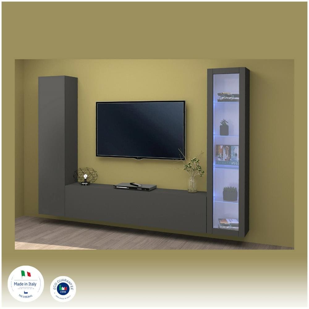Parete Attrezzata Girolamo, Set Salotto Porta Tv A 3 Ante, Mobile Soggiorno Multiuso Con Vetrina E Luce Led, 100% Made In Italy, Cm 260x30h180, Antracite - Foto 4