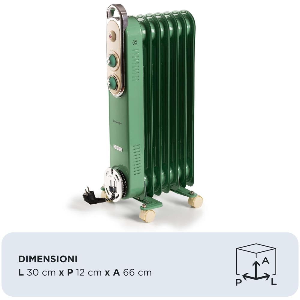 Linea Vintage 8250 Radiatore a olio Vintage, 7 elementi riscaldanti, 1500W, 3 livelli di potenza, Maniglia e ruote per facile trasporto, Verde - Foto 2