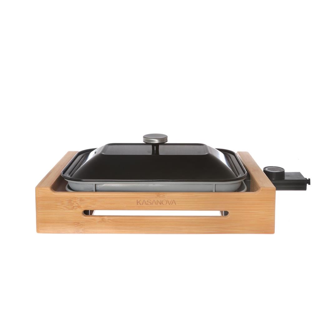 Grill Elettrico con Coperchio Potenza 1200 Watt Termostato Piastra 30 x 20 cm Base in Bambù - Foto 1