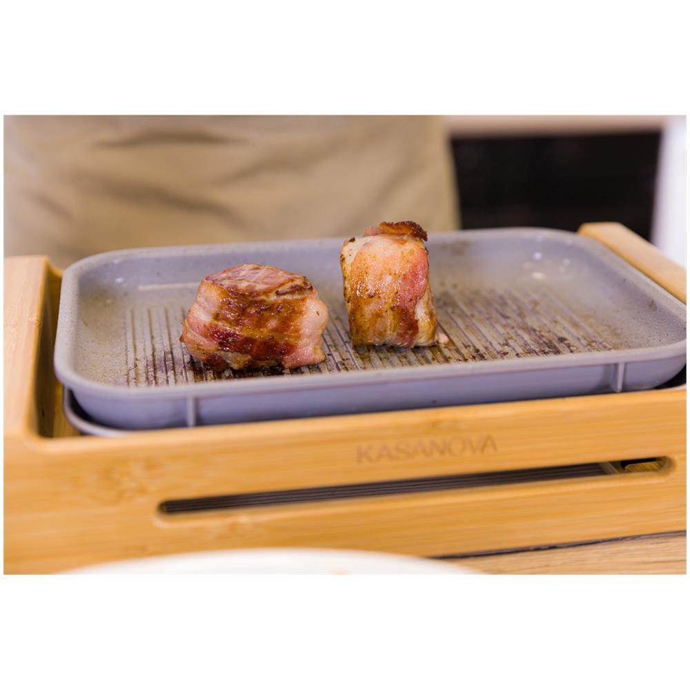 Grill Elettrico con Coperchio Potenza 1200 Watt Termostato Piastra 30 x 20 cm Base in Bambù - Foto 2