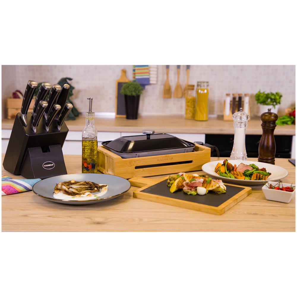 Grill Elettrico con Coperchio Potenza 1200 Watt Termostato Piastra 30 x 20 cm Base in Bambù - Foto 5