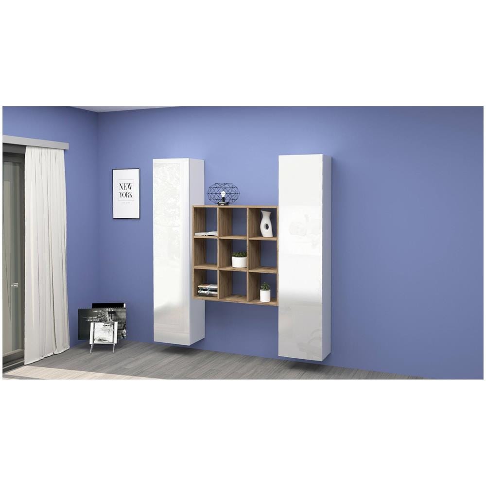 Credenza Fausto, Set Da Soggiorno A 2 Ante E Ripiani, Buffet Da Soggiorno, Madia Da Cucina, 100% Made In Italy, Cm 170x30h180, Bianco Lucido E Acero - Foto 1