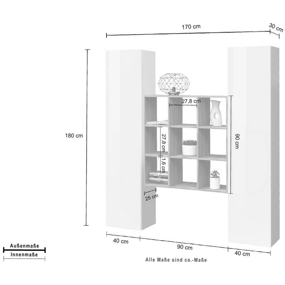 Credenza Fausto, Set Da Soggiorno A 2 Ante E Ripiani, Buffet Da Soggiorno, Madia Da Cucina, 100% Made In Italy, Cm 170x30h180, Bianco Lucido E Acero - Foto 2