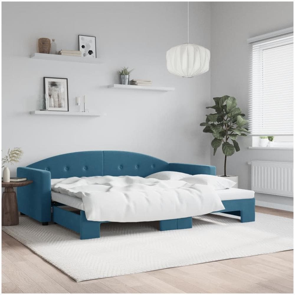 Divano Letto Con Letto Estraibile Blu 90x200 Cm In Velluto - Foto 1