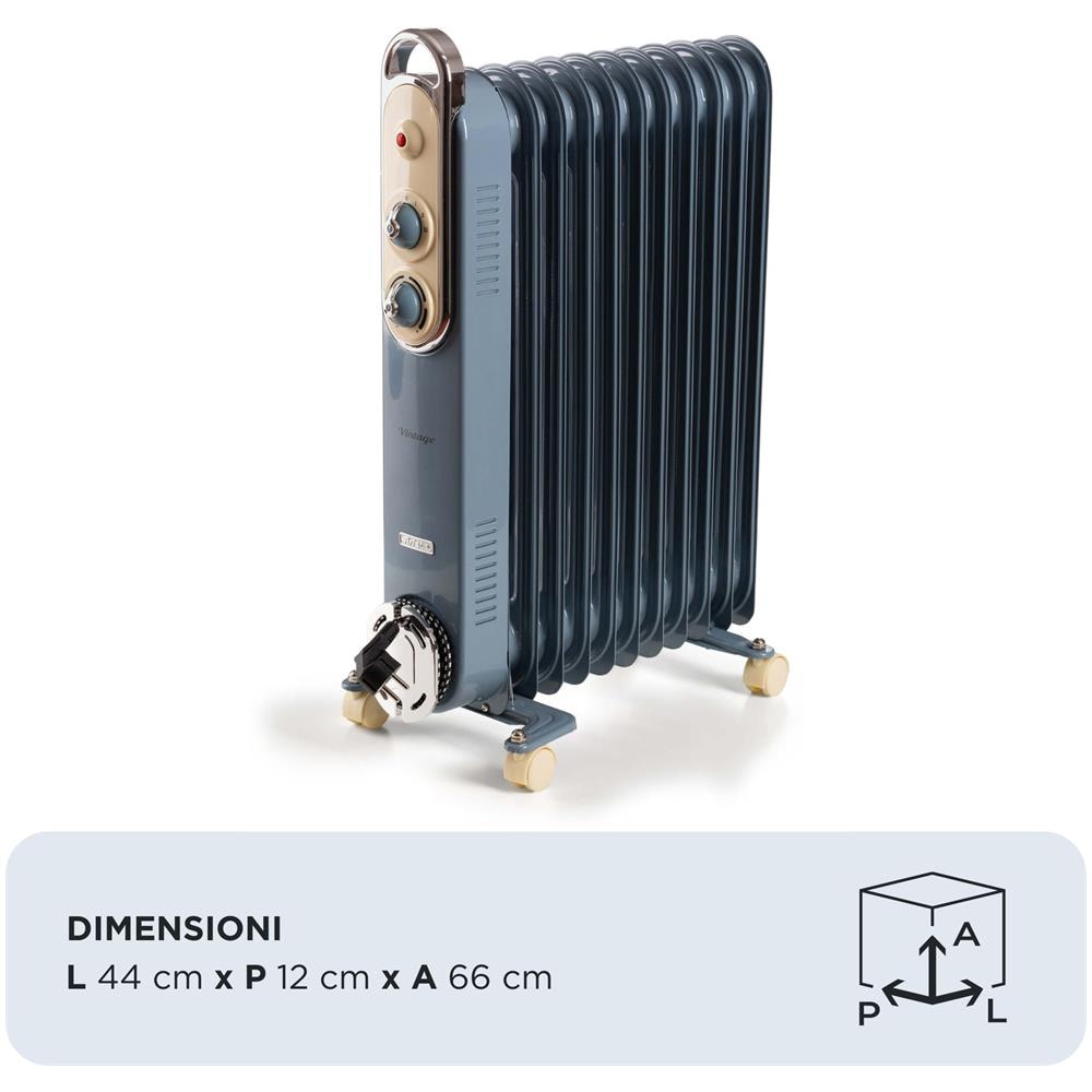 Linea Vintage 8252 Radiatore a olio Vintage, 11 elementi riscaldanti, 2500W, 3 livelli di potenza, Maniglia e ruote per facile trasporto, Celeste - Foto 2