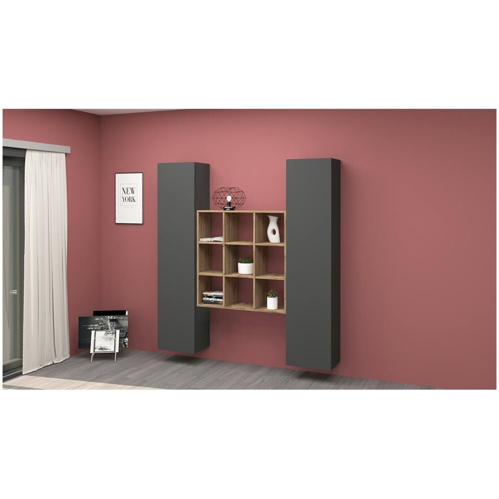 Credenza Fausto, Set Da Soggiorno A 2 Ante E Ripiani, Buffet Da Soggiorno, Madia Da Cucina, 100% Made In Italy, Cm 170x30h180, Antracite E Acero - Foto 1