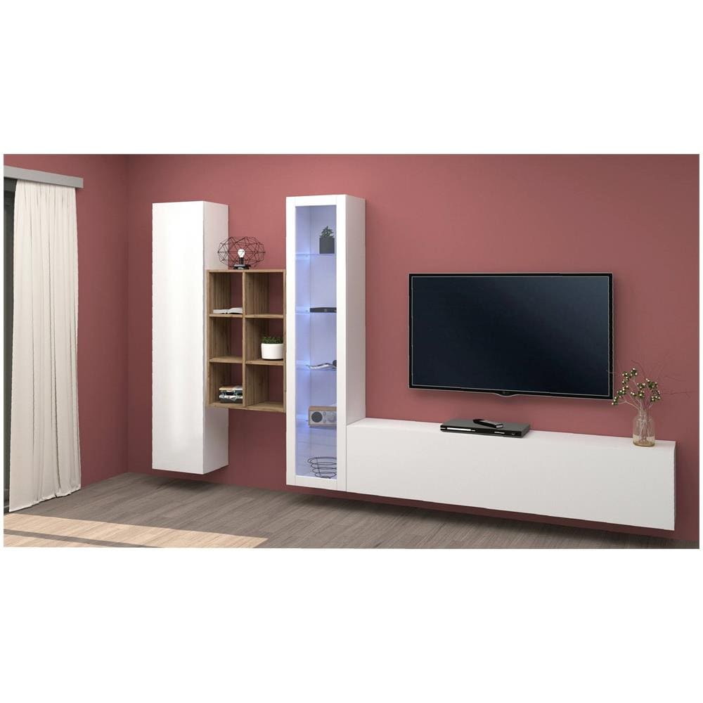 Parete Attrezzata Eugenio, Set Salotto Porta Tv A 3 Ante, Mobile Soggiorno Multiuso Con Vetrina E Luce Led, 100% Made In Italy, Cm 320x30h180, Bianco Lucido - Foto 1