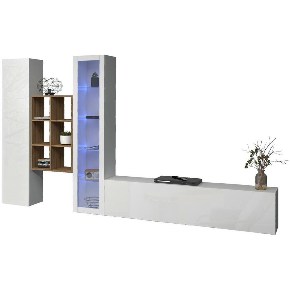 Parete Attrezzata Eugenio, Set Salotto Porta Tv A 3 Ante, Mobile Soggiorno Multiuso Con Vetrina E Luce Led, 100% Made In Italy, Cm 320x30h180, Bianco Lucido - Foto 2