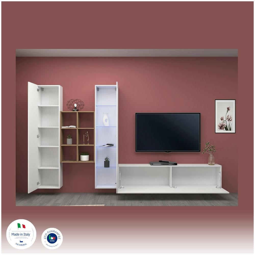 Parete Attrezzata Eugenio, Set Salotto Porta Tv A 3 Ante, Mobile Soggiorno Multiuso Con Vetrina E Luce Led, 100% Made In Italy, Cm 320x30h180, Bianco Lucido - Foto 4