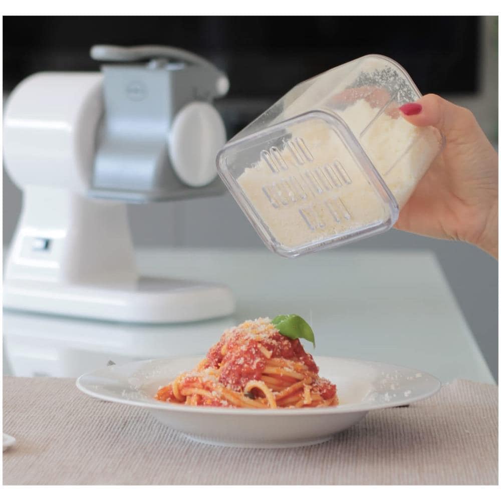 Grattugia Elettrica Robusta Junior con Rullo in Acciaio Inox Potenza 150 W Contenitore Estraibile con Coperchio Salvafreschezza Colore Bianco - Foto 2