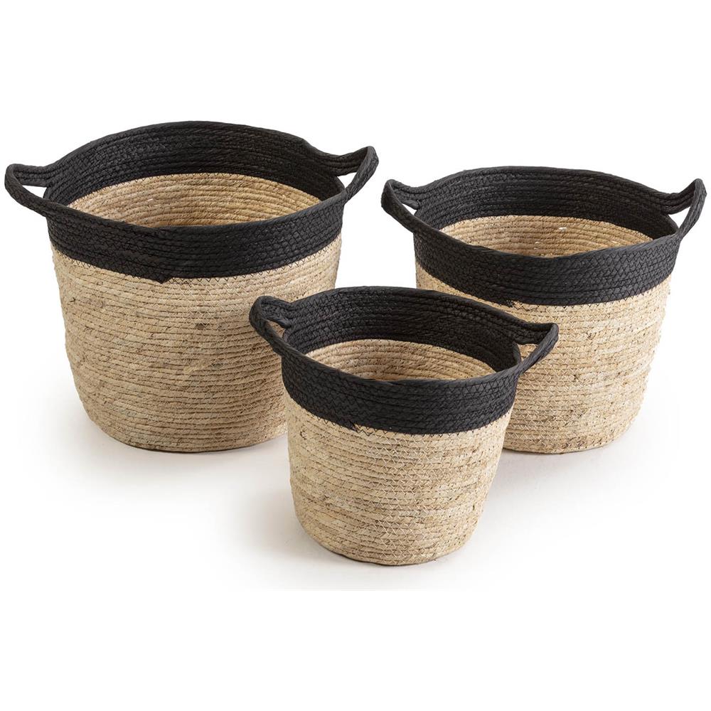 Set Di 3 Cestini Otilia In Fibra Naturale E Carta, Nero /beige Con Manici - Foto 1