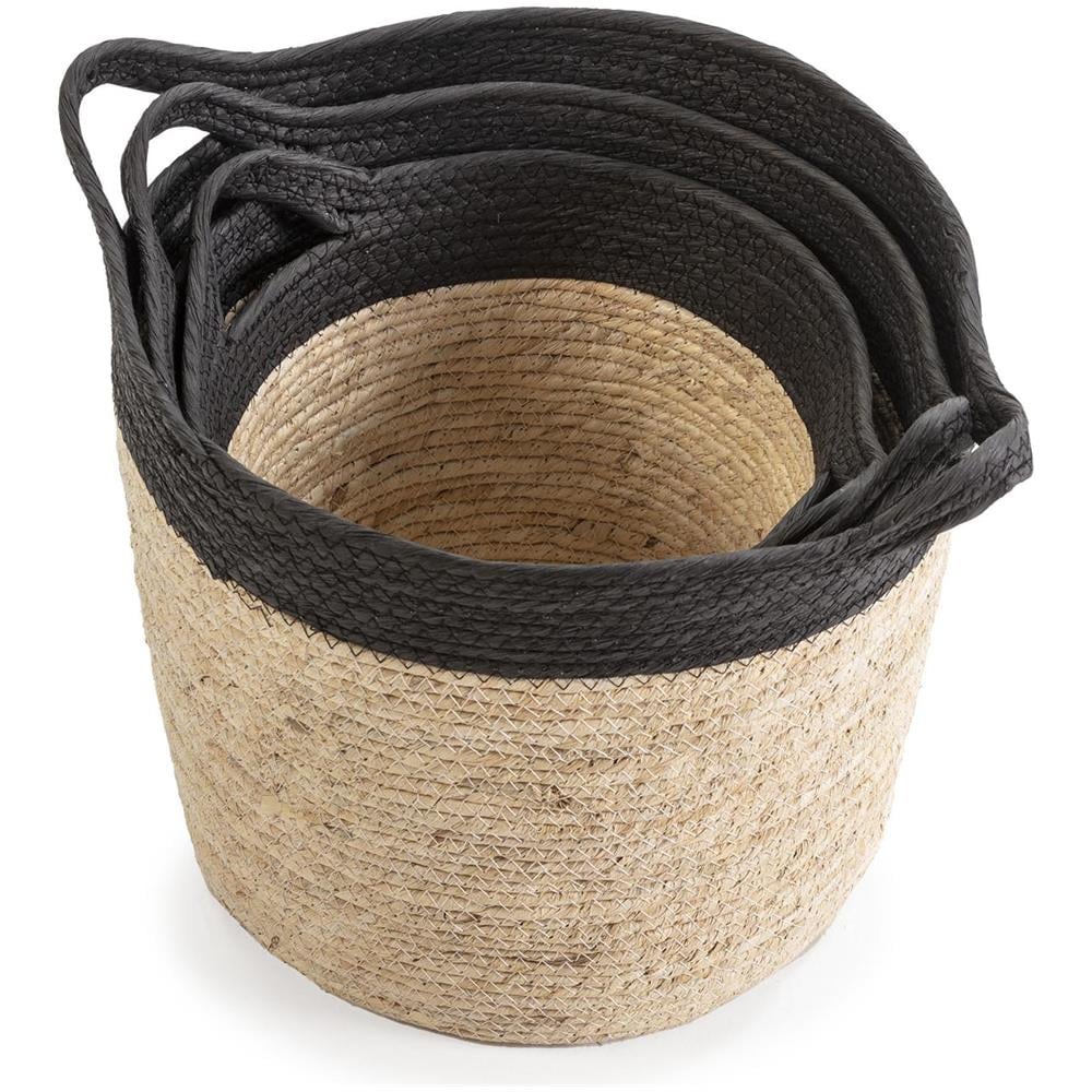 Set Di 3 Cestini Otilia In Fibra Naturale E Carta, Nero /beige Con Manici - Foto 2