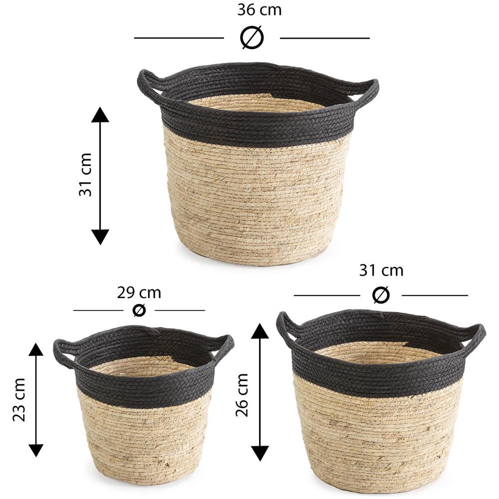 Set Di 3 Cestini Otilia In Fibra Naturale E Carta, Nero /beige Con Manici - Foto 5